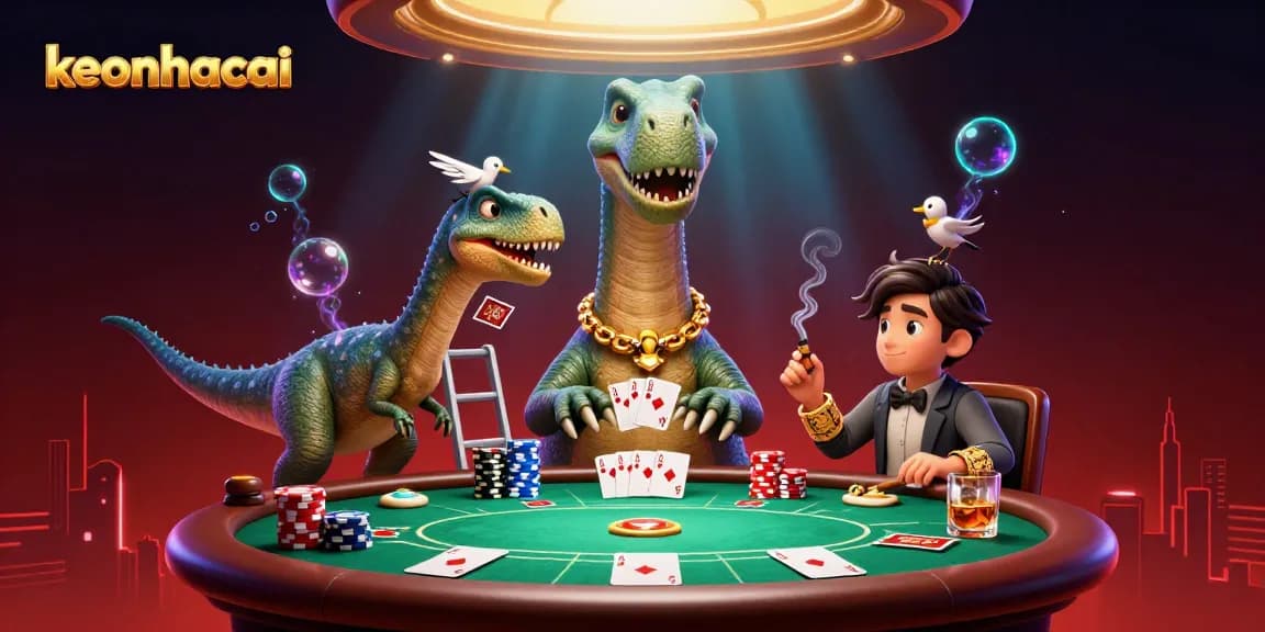 Engage with keonhacai action as a giant brontosaurus watches a poker game unfold in a vibrant casino scene.