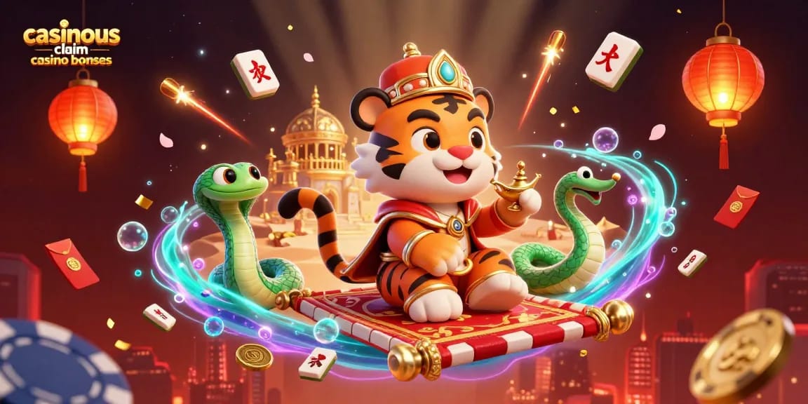 Join the adventure to casinous claim casino bonuses with a sultan tiger on a magic carpet, surrounded by festive casino elements.