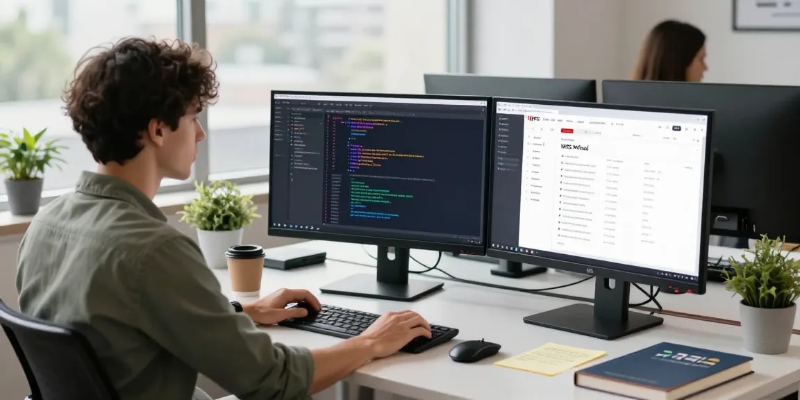 Developer coding in a bright office showcasing the WPS Official Website on dual monitors.