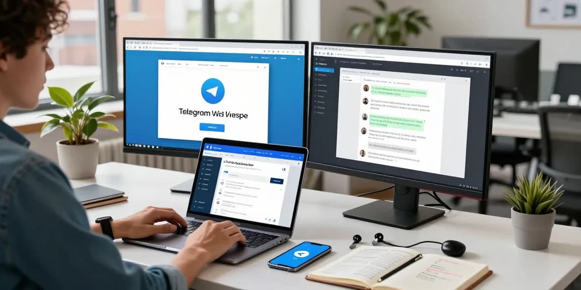 Engaged user accessing the Telegram Web Version at a modern tech workspace with dual monitors and stylish decor.