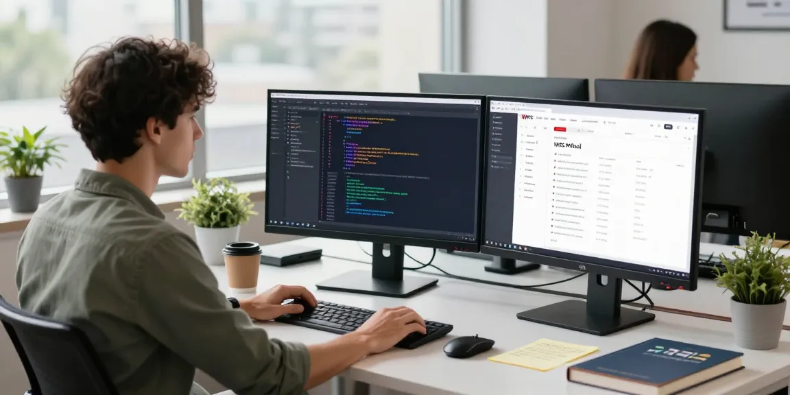 Developer coding in a bright office showcasing the WPS Official Website on dual monitors.