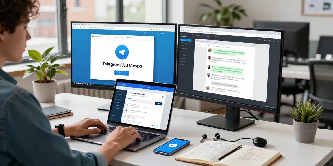 Engaged user accessing the Telegram Web Version at a modern tech workspace with dual monitors and stylish decor.