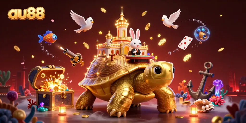 Experience the exciting world of au88 with this dynamic 3D illustration featuring a casino built on a giant tortoise's shell surrounded by gold and jewels.