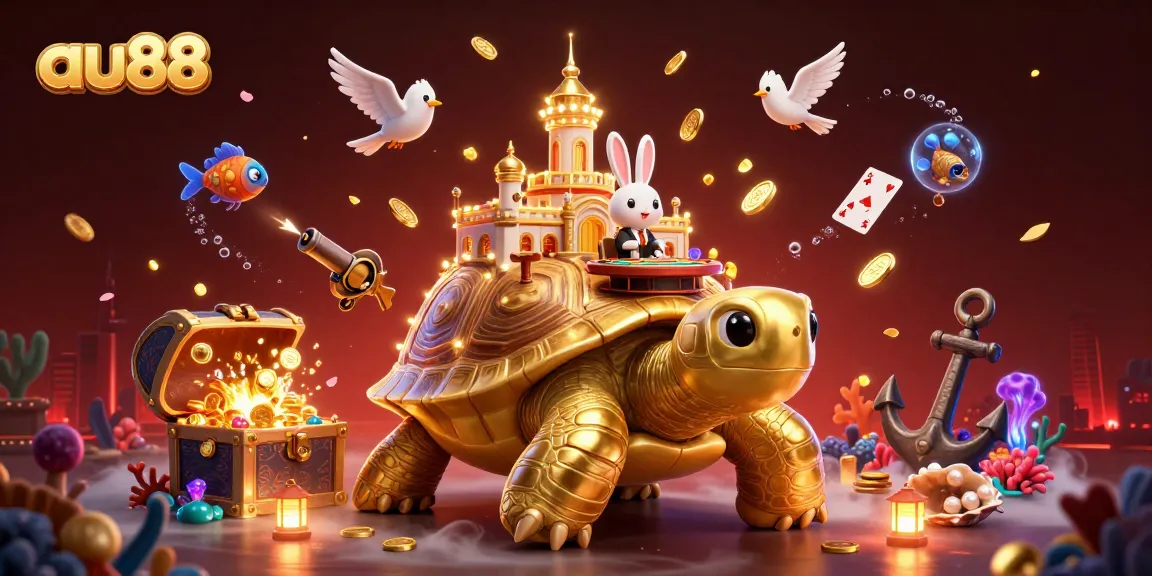 Experience the exciting world of au88 with this dynamic 3D illustration featuring a casino built on a giant tortoise's shell surrounded by gold and jewels.