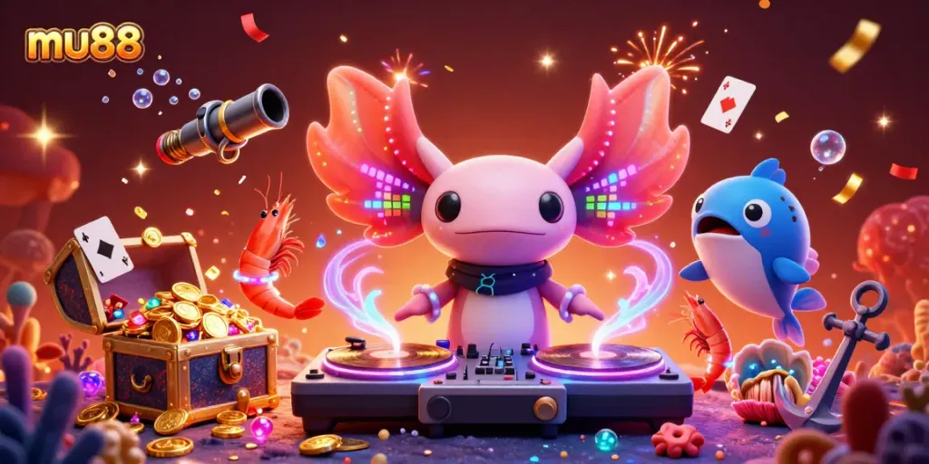 Catch the energetic vibes at mu88 with our neon axolotl DJ and dancing sea creatures!