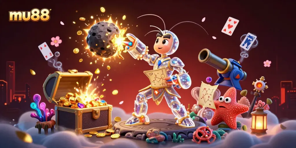 Experience the thrill with mu88, where a mantis shrimp battles for golden treasures in an underwater casino.