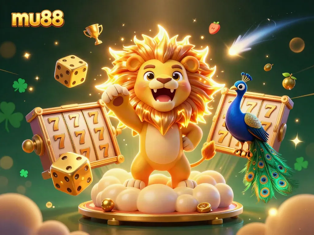 Experience big wins at mu88; a golden lion animated in a rich jackpot scene with dynamic slots.