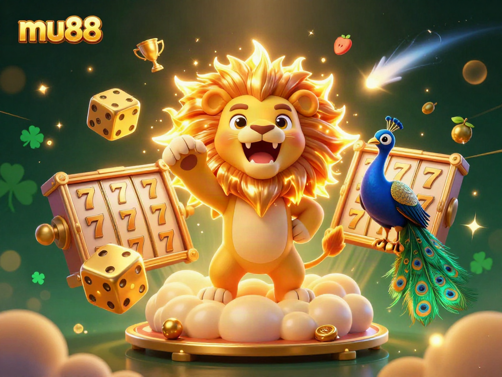 Experience big wins at mu88; a golden lion animated in a rich jackpot scene with dynamic slots.