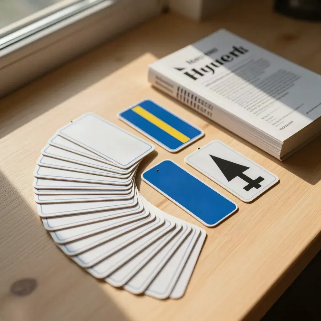 Top-down bild av körkortsteori-flashcards, regelbok och vägskyltar på ljust trä.