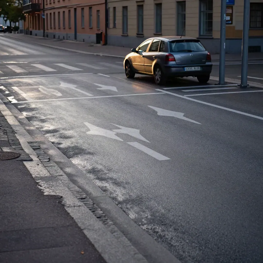 Svart bil väntar vid en korsning med våta vägmarkeringar i grått kvällsljus