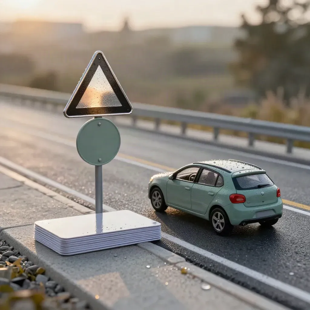 Miniatyr av en svensk körkortsövning med vägmärke, bil och flashkort efter regn.