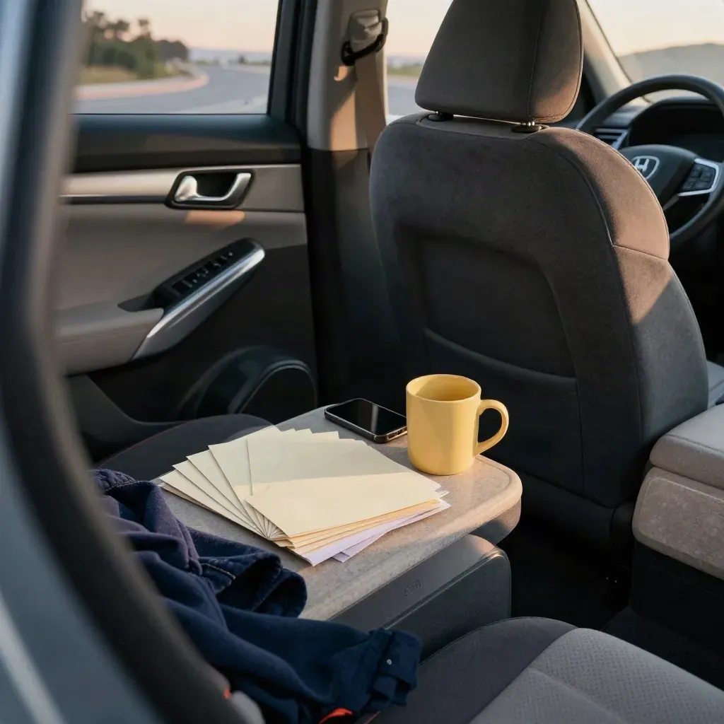 Bilens passagerarsäte med kort, mobil och mugg i mjukt morgonljus.