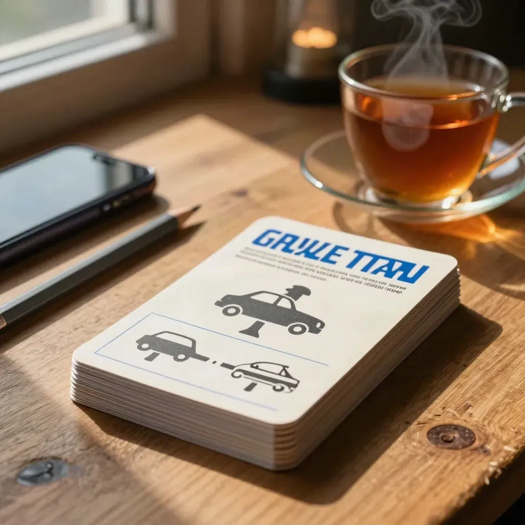 Studiekort, telefon och tekopp på ett träbord i varmt fönsterljus.
