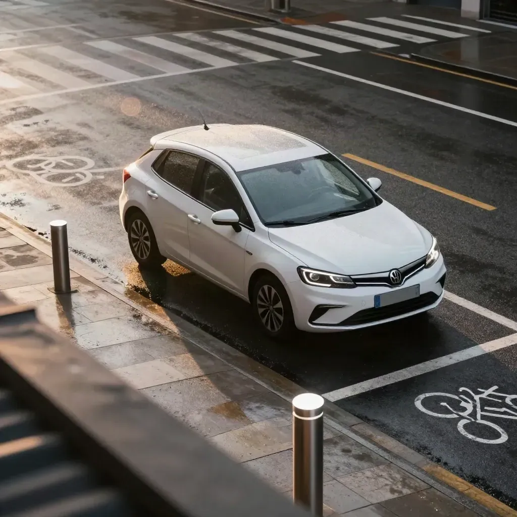 Vit övningsbil närmar sig väjningslinje vid cykelbana i lätt regn