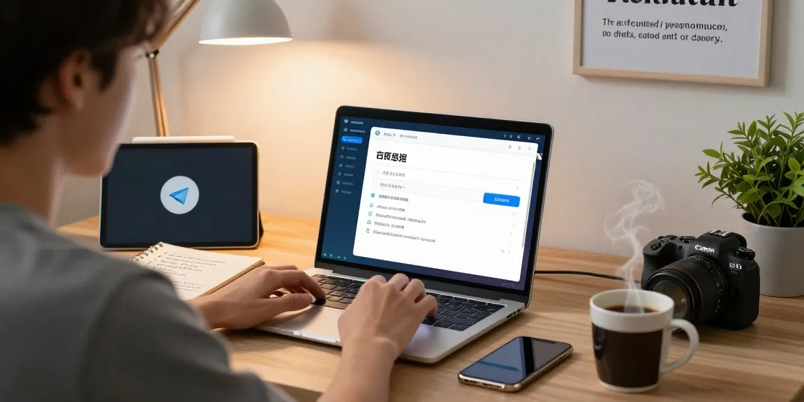 Switching Telegram to Chinese in a modern workspace with tech gadgets.