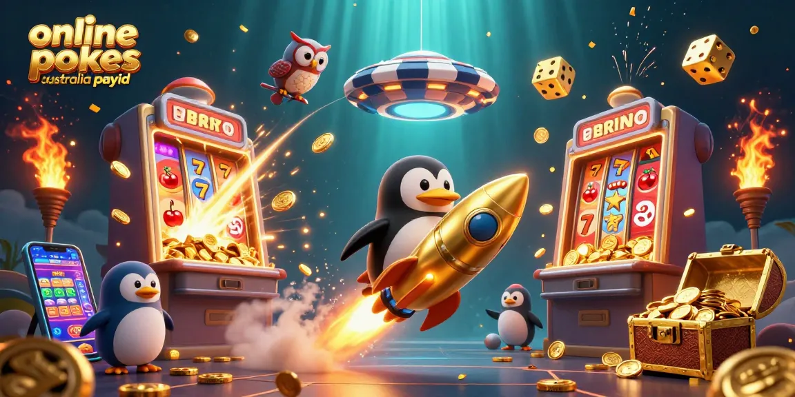 Experience online pokies Australia PayID with a dynamic scene of a penguin and casino elements.